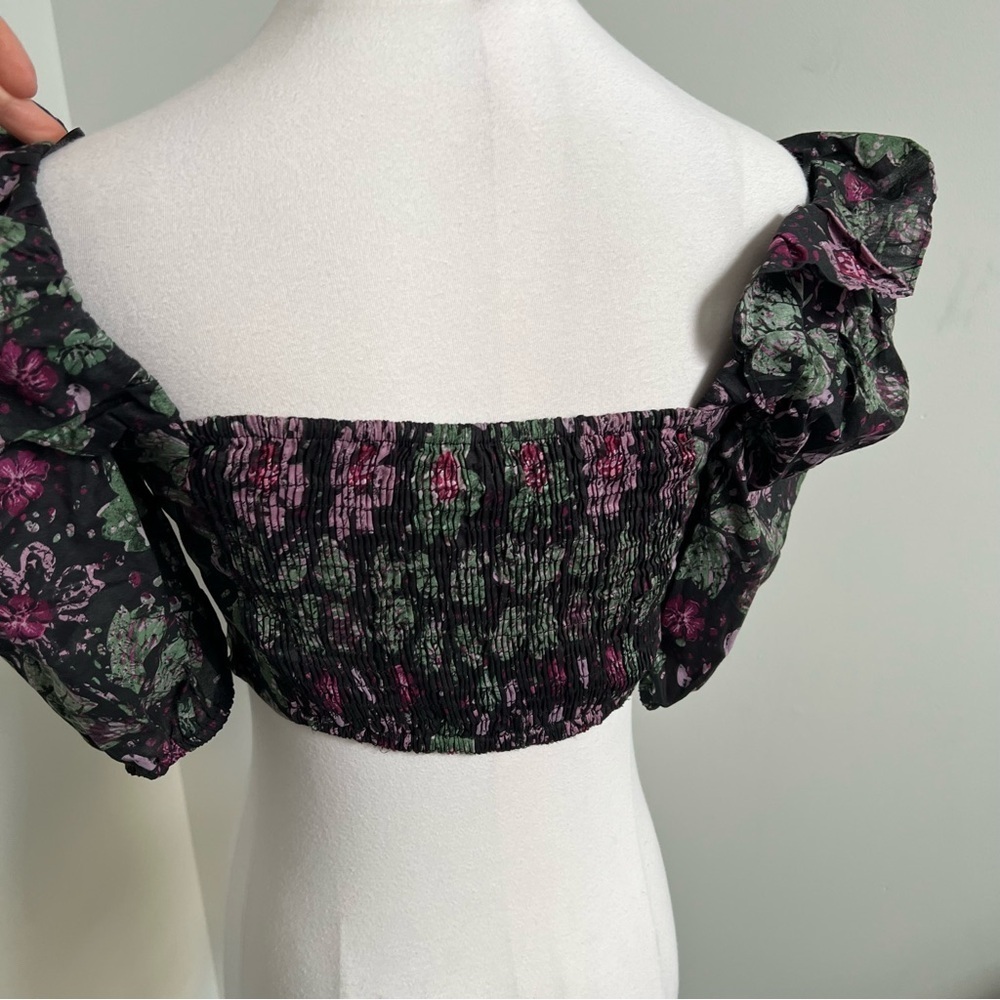 🌸 ZARA Floral Ruched Crop Top NWT | Puff Sleeve Cottagecore Fairycore S - Picture 5 of 6